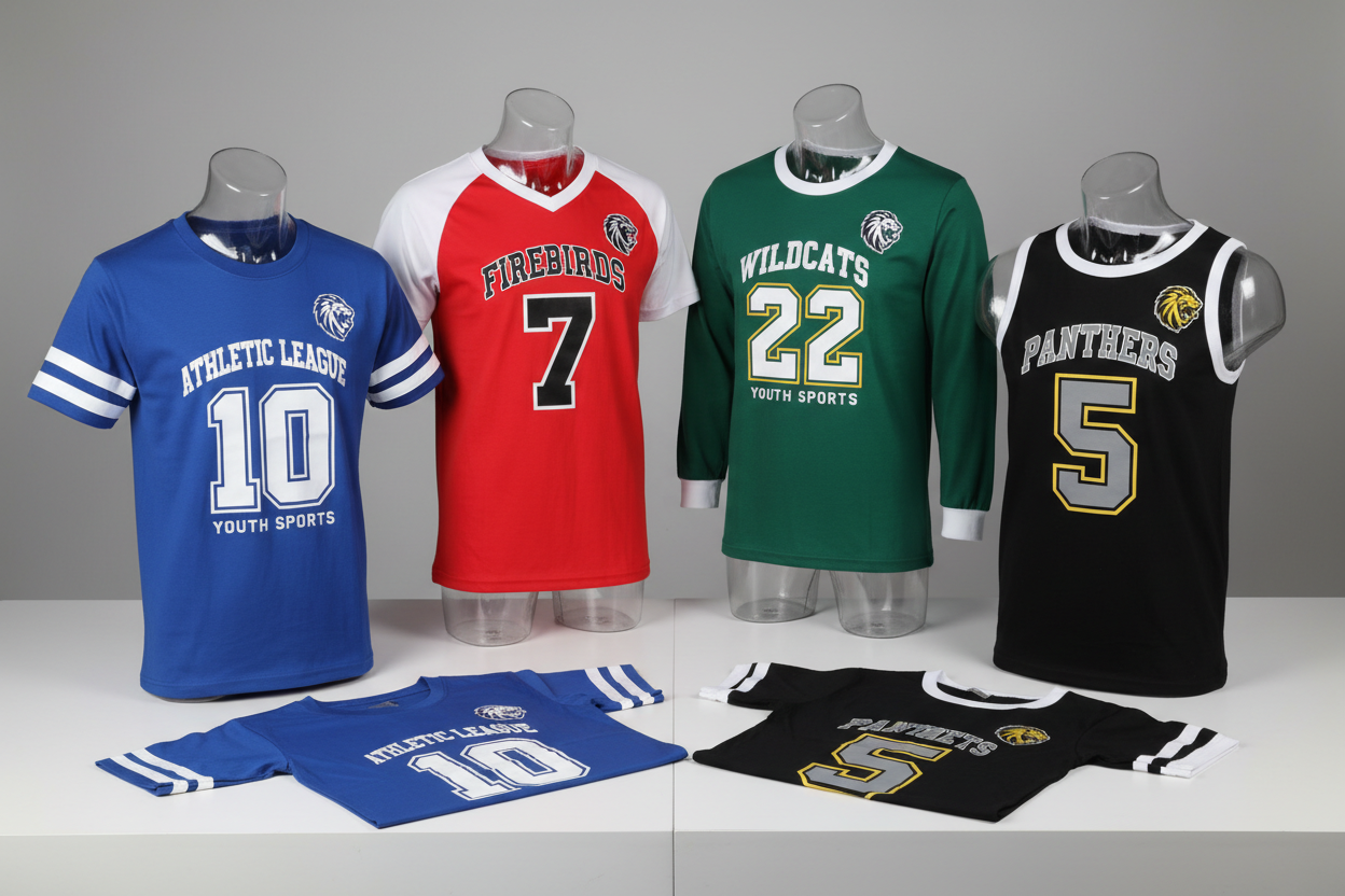 Youth sports branded t-shirts of different variations for a league