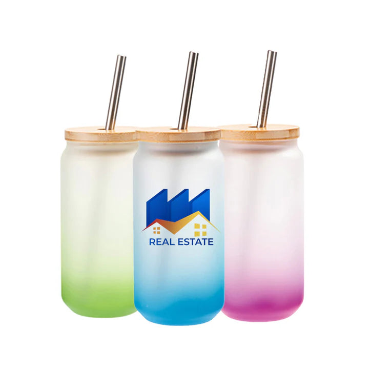 Custom Glass Cans – 13oz & 18oz, Frosted, Clear & Gradient | Sublimation Ready, with Bamboo Lid - iCandy gFX Studios inc.