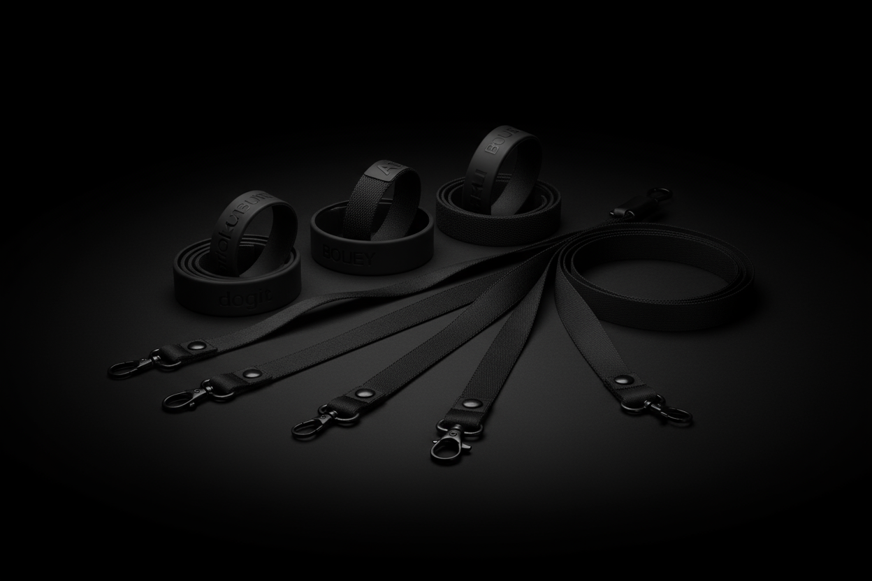 black wristband and lanyards on black background