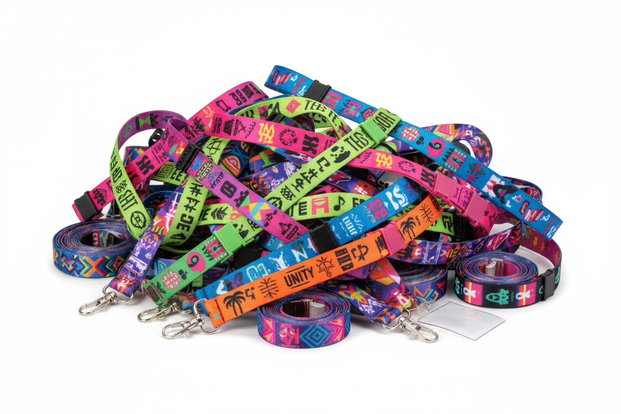 create a event pro pack with a lot of festival wristbands and lanyards with a vibrant design