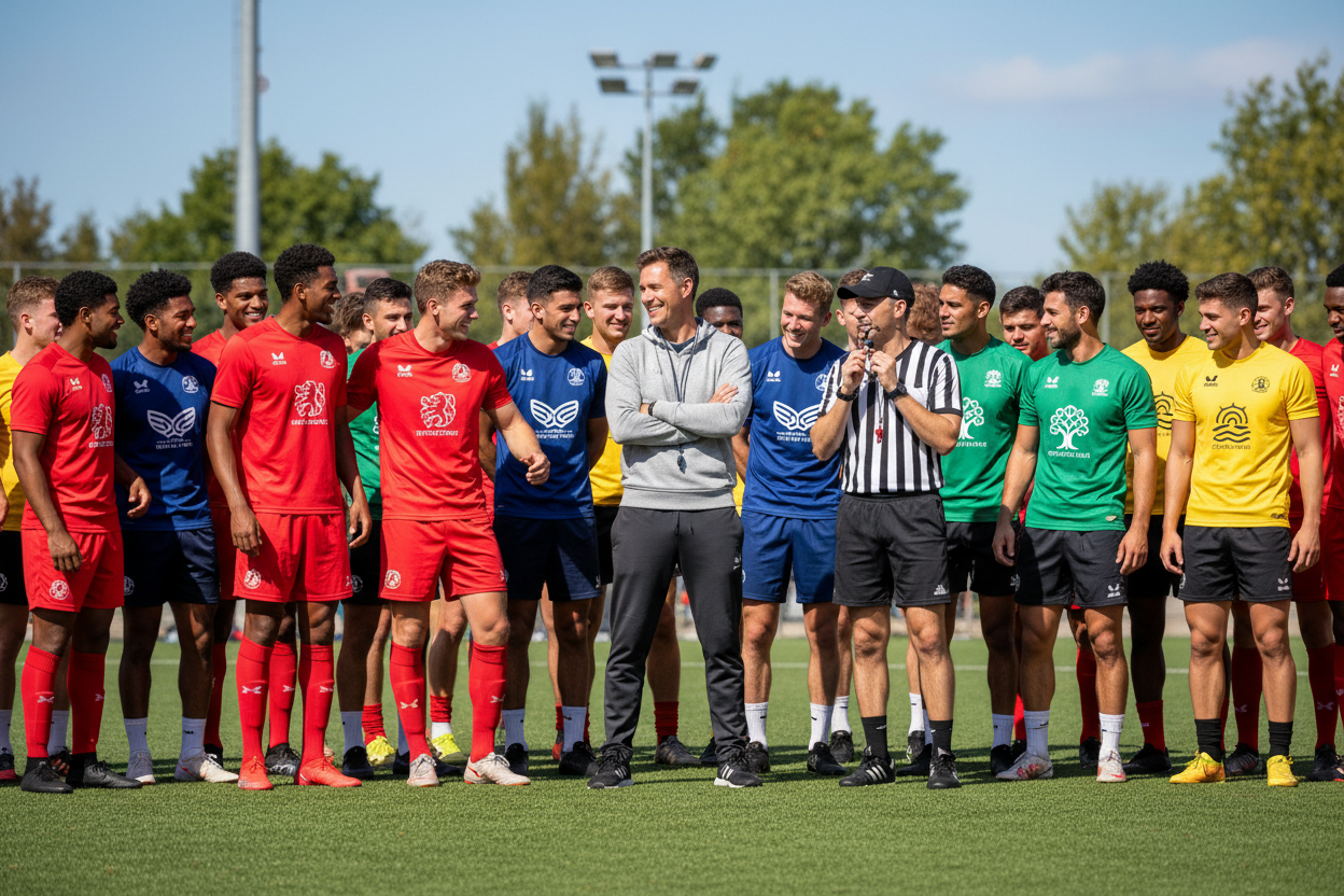 create a scene of a multi branded team with different colour team shirts, include coach and referee