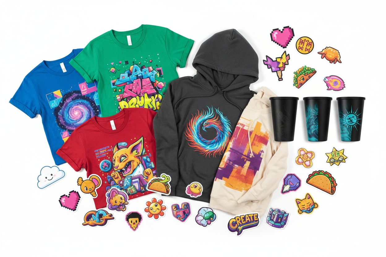 creator merch pack with full colour design t-shirts, Hoodies, colour changing cups and stickers