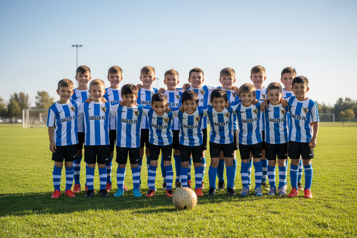 kids soccer team with branded matching team shirts