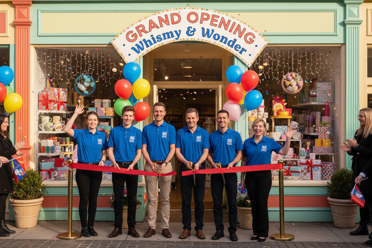 make a grand opening of a gift shop with the employees wearing branded shirts