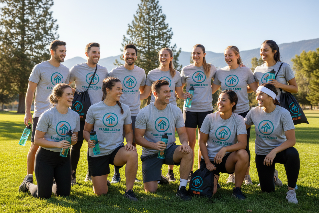 please create a scene of a team wearing branded team shirts and show some team members with branded drawstring bags and some with branded water bottles