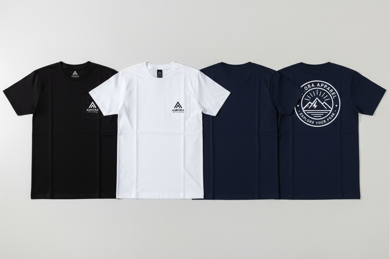 Please create an image of branded T-shirts with a small logo on the front pocket size and a larger logo on the back use T-shirts to display the branded logos