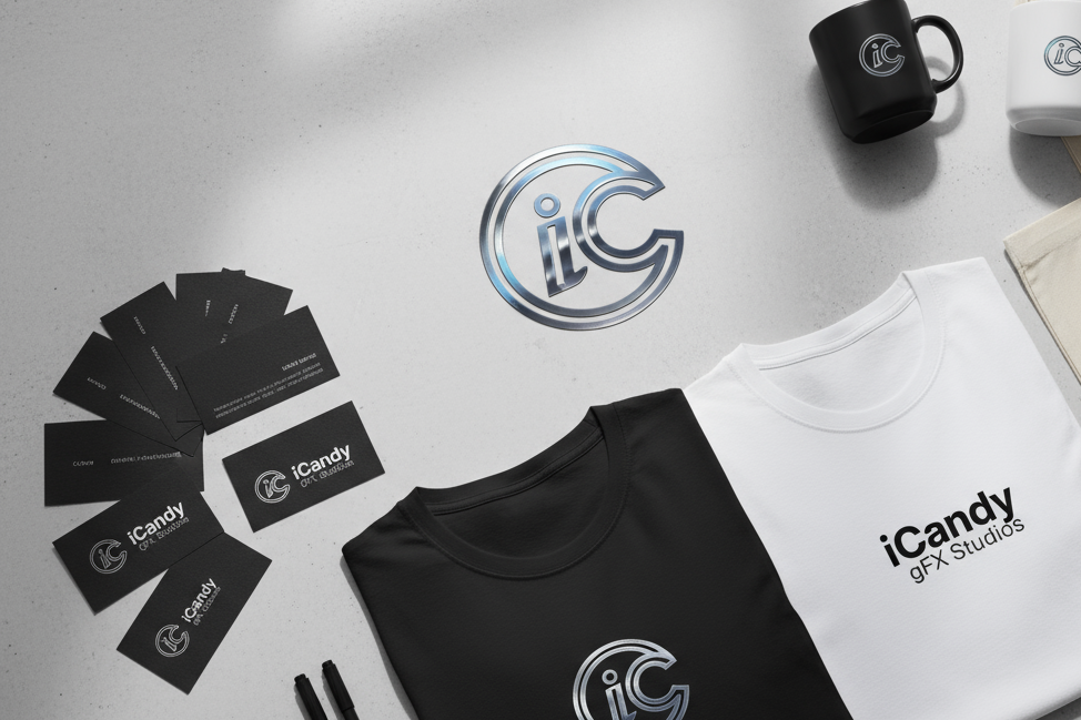 premium branding package with shirts, business cards, logo, tote bags, mugs with iCandy gFX Studios logo on them
