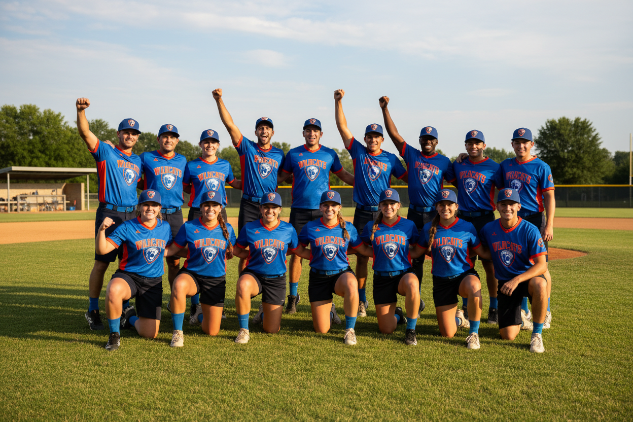 sports team with branded shirts and caps